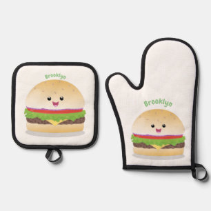 Set De Manoplas Personalizado de hamburguesa kawaii feliz
