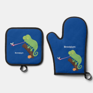 Set De Manoplas Personalizado de lagarto de camaleón verde lindo