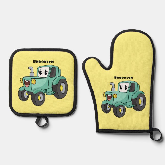 Set De Manoplas Personalizado de tractores verde feliz (Anverso)