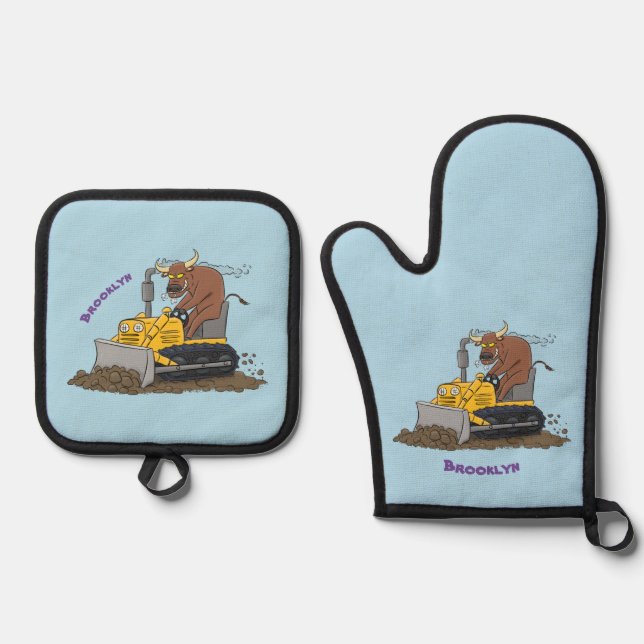 Set De Manoplas Personalizado del bulldozer cómico que conduce un  (Anverso)