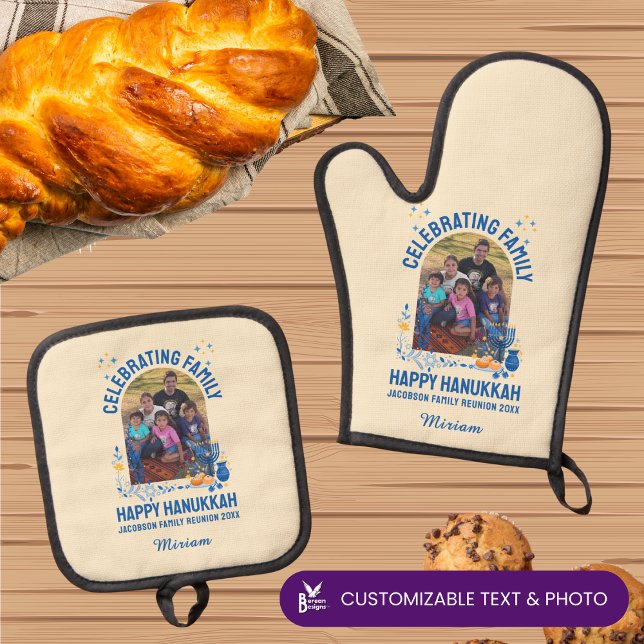 Set De Manoplas Personalizado Foto REUNIÓN DE LA FAMILIA HANUKKAH (Hanukkah oven mitt and pot holder with customizable photo and text, celebrating family reunion.)