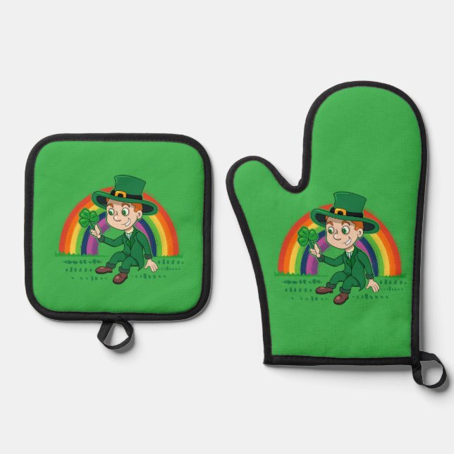 Set De Manoplas Personalizado lindo leprechaun con shamrock y arco (Anverso)