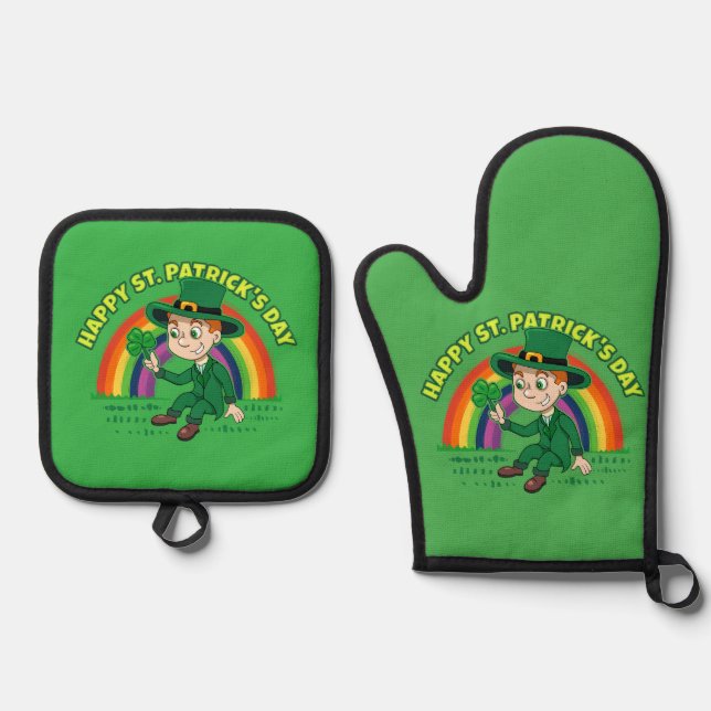 Set De Manoplas Personalizado lindo leprechaun con shamrock y arco (Anverso)
