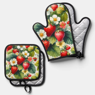 Set De Manoplas Personalizado Retro Boho Floral Fresa Berry