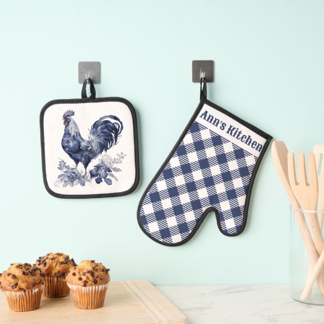 Set De Manoplas personalizado "Rooster" Blue Willow Style (Insitu (colgante))