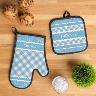 Set De Manoplas Personalizado Shabby Chic Light Blue White Gingham