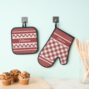Set De Manoplas Personalizado Shabby Chic Red White Gingham Plaid