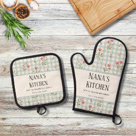 Set De Manoplas Personalizado Vintage País Azul Gingham Floral
