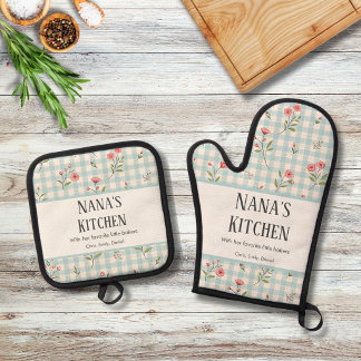Set De Manoplas Personalizado Vintage País Azul Gingham Floral