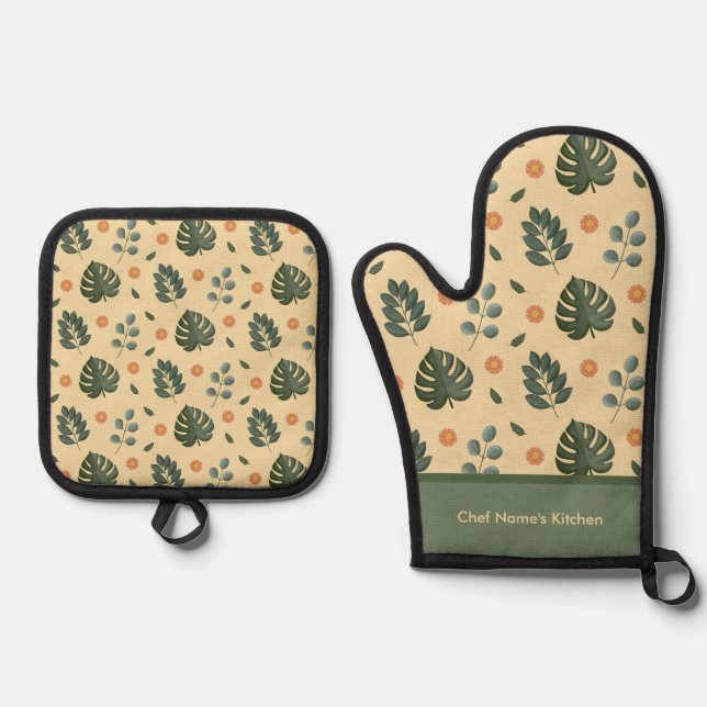 Set De Manoplas Personalized Botanical Name Cream and Sage Green (Anverso)