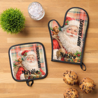 Set De Manoplas Personalized Dusty Santa Red tartan Merry Holidays