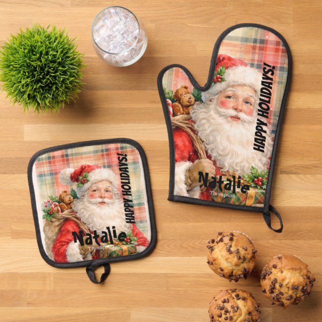Set De Manoplas Personalized Dusty Santa Red tartan Merry Holidays (De arriba hacia abajo)
