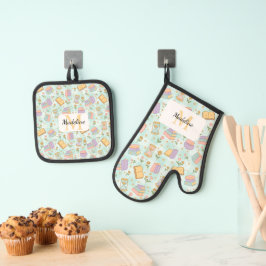 Set De Manoplas Personalized Pastel Mint Green Kitchen Magic