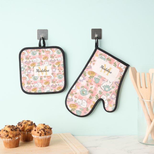 Set De Manoplas Personalized Pastel Pink Kitchen Tea Cats (Insitu (colgante))