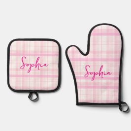 Set De Manoplas Personalized Pink Plaid 