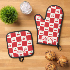 Set De Manoplas Personalized Retro Red Cherry & Gingham Checkered 