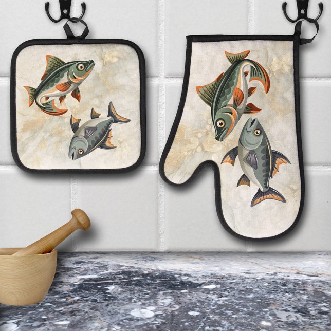 Set De Manoplas Pescado Náutico (Cute oven mitt and pot holder set featuring fishes - seafood - beach house - chef )