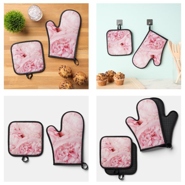 Set De Manoplas Pétalos de Flor Rosa Adorables (Cute Pink Flower Petals Oven Mitt & Pot Holder Set
)