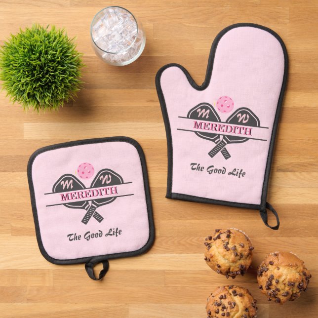 Set De Manoplas Pickleball Gal Paddle Monograma Rosa Nombre (De arriba hacia abajo)
