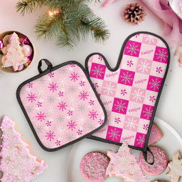 Set De Manoplas Pimentero rosa y plateado Copos de nieve añaden su