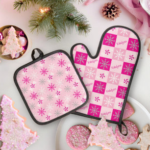 Set De Manoplas Pimentero rosa y plateado Copos de nieve añaden su