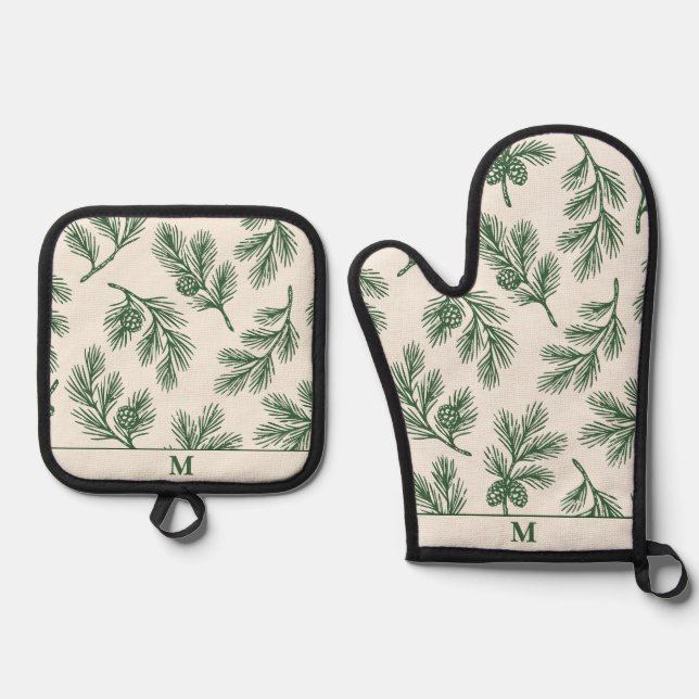 Set De Manoplas Pine Needle Lane-Pinecone Print & Monogram Accent (Anverso)
