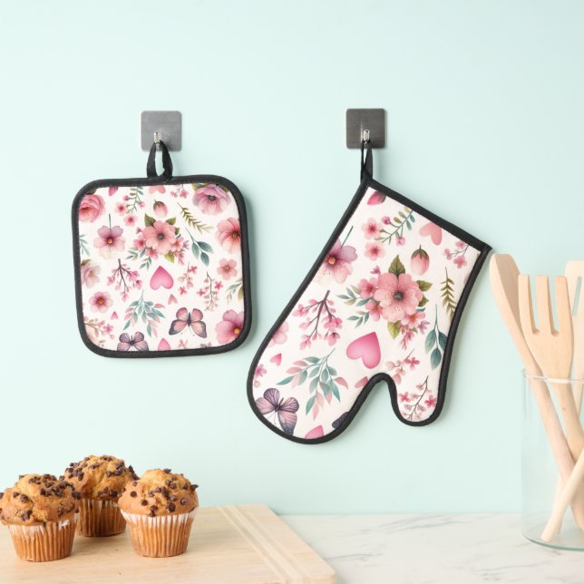 Set De Manoplas Pink Floral Girly (Insitu (colgante))