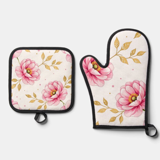 Set De Manoplas Pink Peony Flowers Golden Leaves Pattern (Anverso)