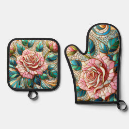 Set De Manoplas Pink Roses Stained Glass Mosaic