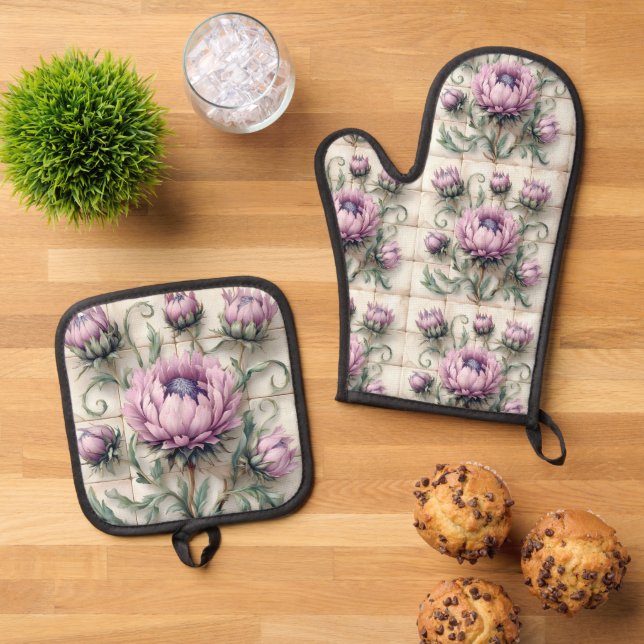 Set De Manoplas Pink Thistle Flowers Ceramic Tile (De arriba hacia abajo)