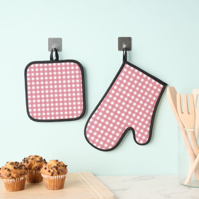Set De Manoplas Pink White Gingham Check Plaid (Insitu (colgante))