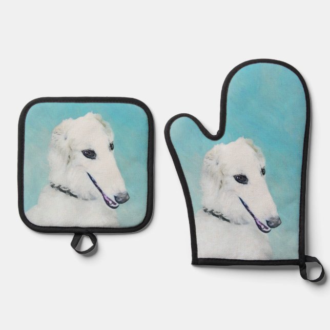 Set De Manoplas Pintura blanca de Borzoi Arte de perro lobo ruso (Anverso)