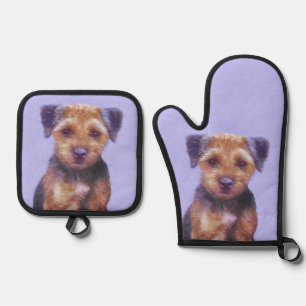 Set De Manoplas Pintura de Border Terrier Lindo Arte de Perro Orig