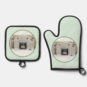 Set De Manoplas Pintura de Keeshond cachorro de Navidad junto a la