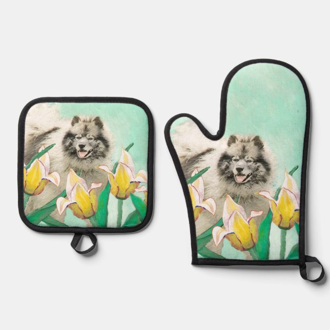 Set De Manoplas Pintura de Keeshond en tulipanes adorable arte ori (Anverso)