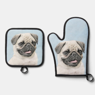 Set De Manoplas Pintura de pug Fawn Plata Cute Original Mascota Pe