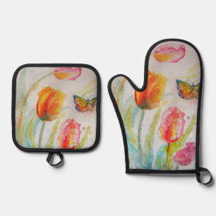 Set De Manoplas Pintura en acuarela de tulipán y mariposa colorida