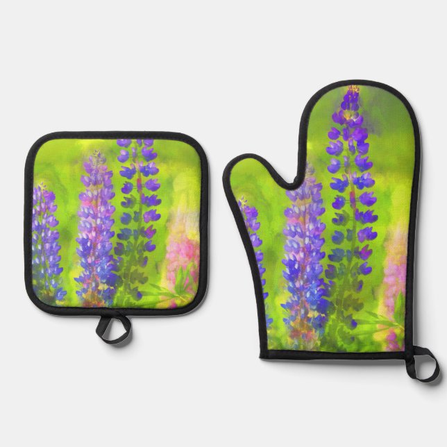 Set De Manoplas Pintura Lupine Arte Original De Flor Silvestre (Anverso)