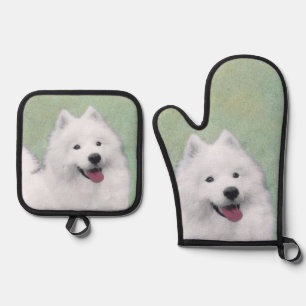 Set De Manoplas Pintura Samoyedo Blanco Arte Original de Perro Mas