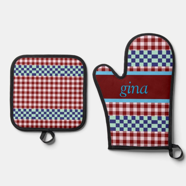 Set De Manoplas Plaid Gingham Personalizado (Anverso)