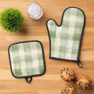 Set De Manoplas Plaid Verde Occidental Rayas de Crema País
