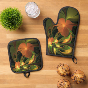 Set De Manoplas Planta de fantasía Resumen Fractal Verde Rust Brow