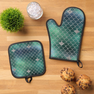 Set De Manoplas Plata Mermaid Océano Verde Verde azulado Glitz