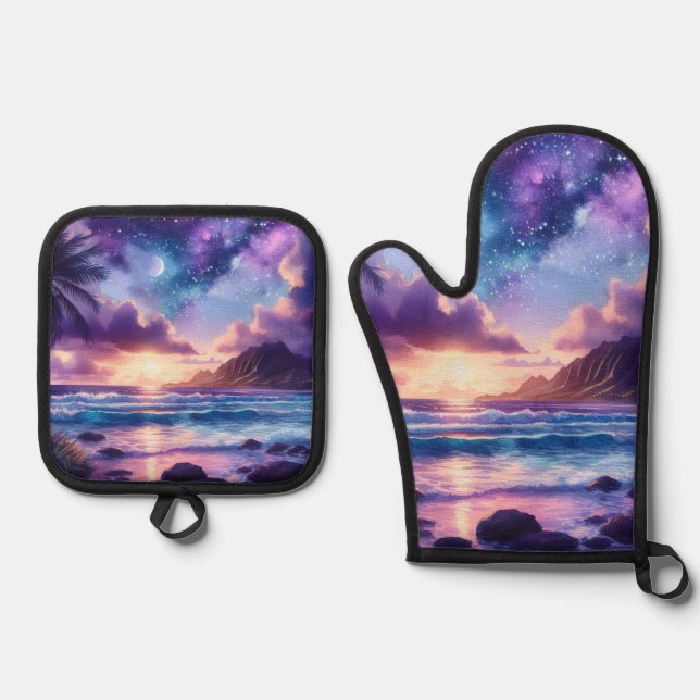 Set De Manoplas Playa tropical Purple Night Sky Moon (Anverso)