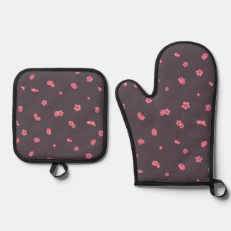 Set De Manoplas Plum Charcoal Red Plum Blossom Floral Pattern