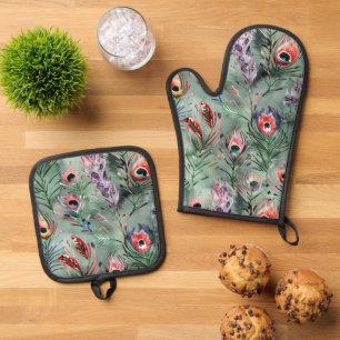 Set De Manoplas Plumas de pavo real verdes rojas
