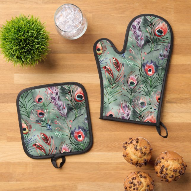 Set De Manoplas Plumas de pavo real verdes rojas   (De arriba hacia abajo)