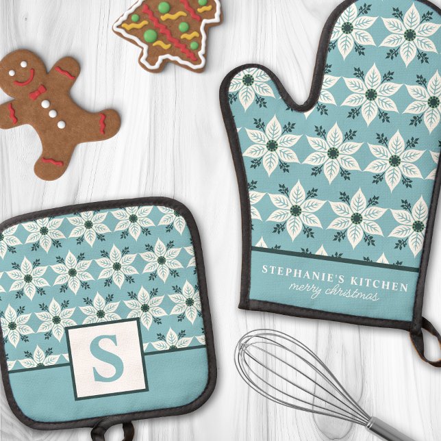 Set De Manoplas Poinsettia blanca en monogramo floral azul (Subido por el creador)