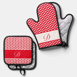 Set De Manoplas Polka-Punto Monogramado Rojo y Blanco