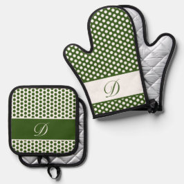 Set De Manoplas Polka-Punto Verde Oscuro y Monogramado Blanco